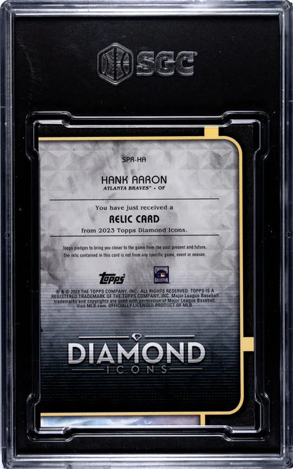 Black SGC card holder with gold trim and DIAMOND text for Hank Aaron Diamond Icons Relic