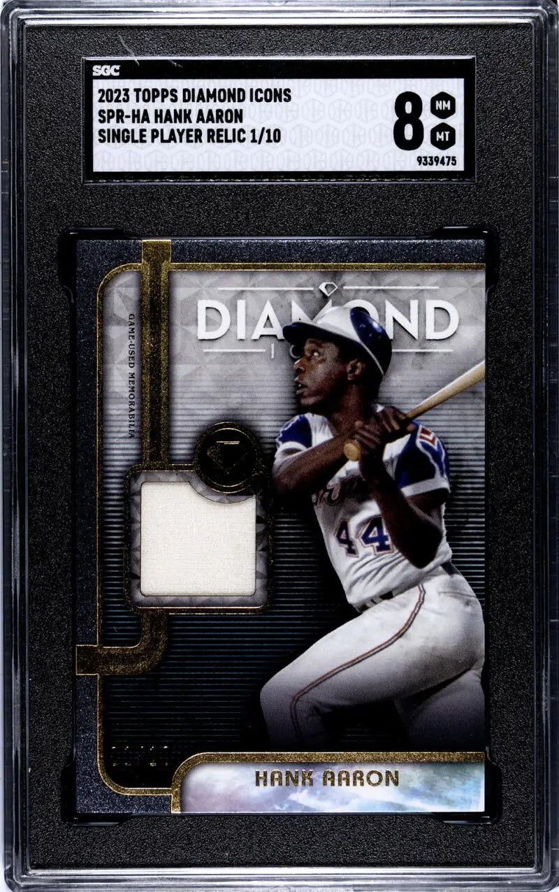 Graded 2023 Topps Diamond Icons Relic Hank Aaron card with jersey patch, SGC 8 NM/MT