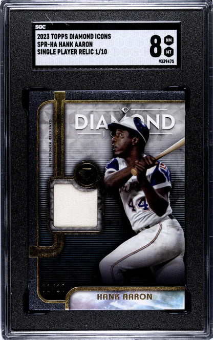 Graded 2023 Topps Diamond Icons Relic Hank Aaron card with jersey patch, SGC 8 NM/MT