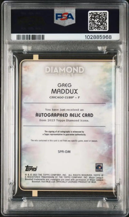 Graded Greg Maddux Chicago Cubs baseball card from 2023 Topps Diamond Icons collection