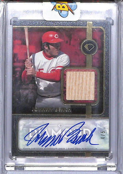 Johnny Bench Cincinnati Reds Topps Diamond Icons trading card with memorabilia and autograph