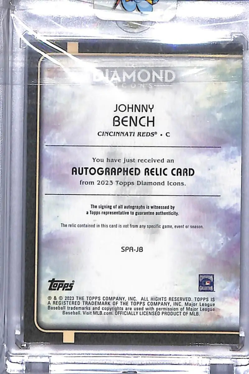 Johnny Bench autographed relic card from 2023 Topps Diamond Icons Cincinnati Reds