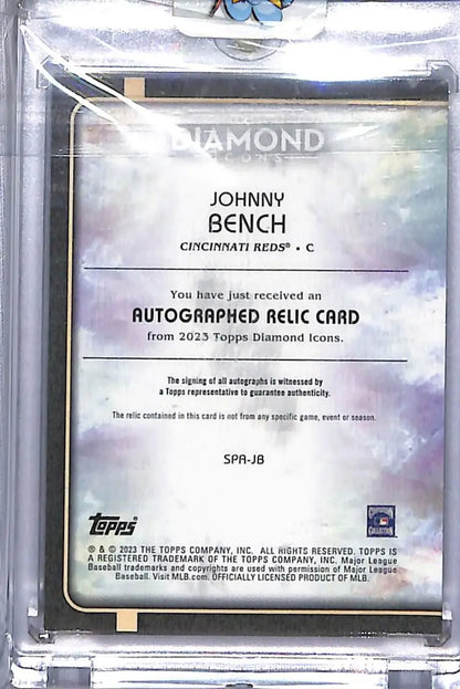 Johnny Bench autographed relic card from 2023 Topps Diamond Icons Cincinnati Reds