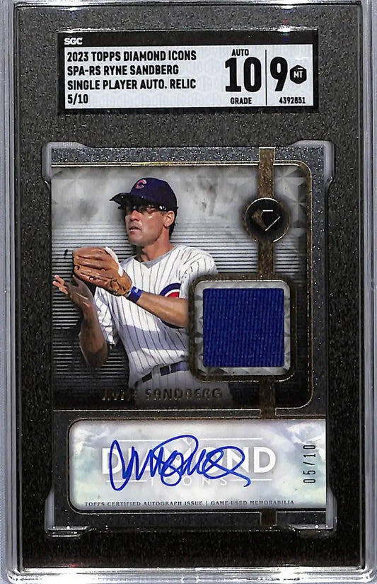 Baseball card of Ryne Sandberg with Chicago Cubs patch and autograph, graded 10/9.5