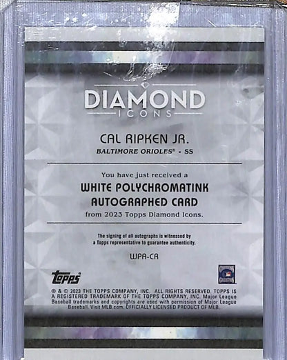 Back side of Cal Ripken Jr. baseball card with authentication text, Baltimore Orioles