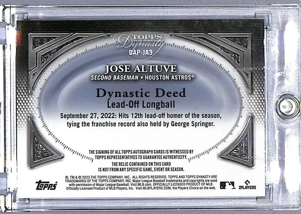 Back of a Jose Altuve Topps Dynasty baseball card featuring Houston Astros memorabilia