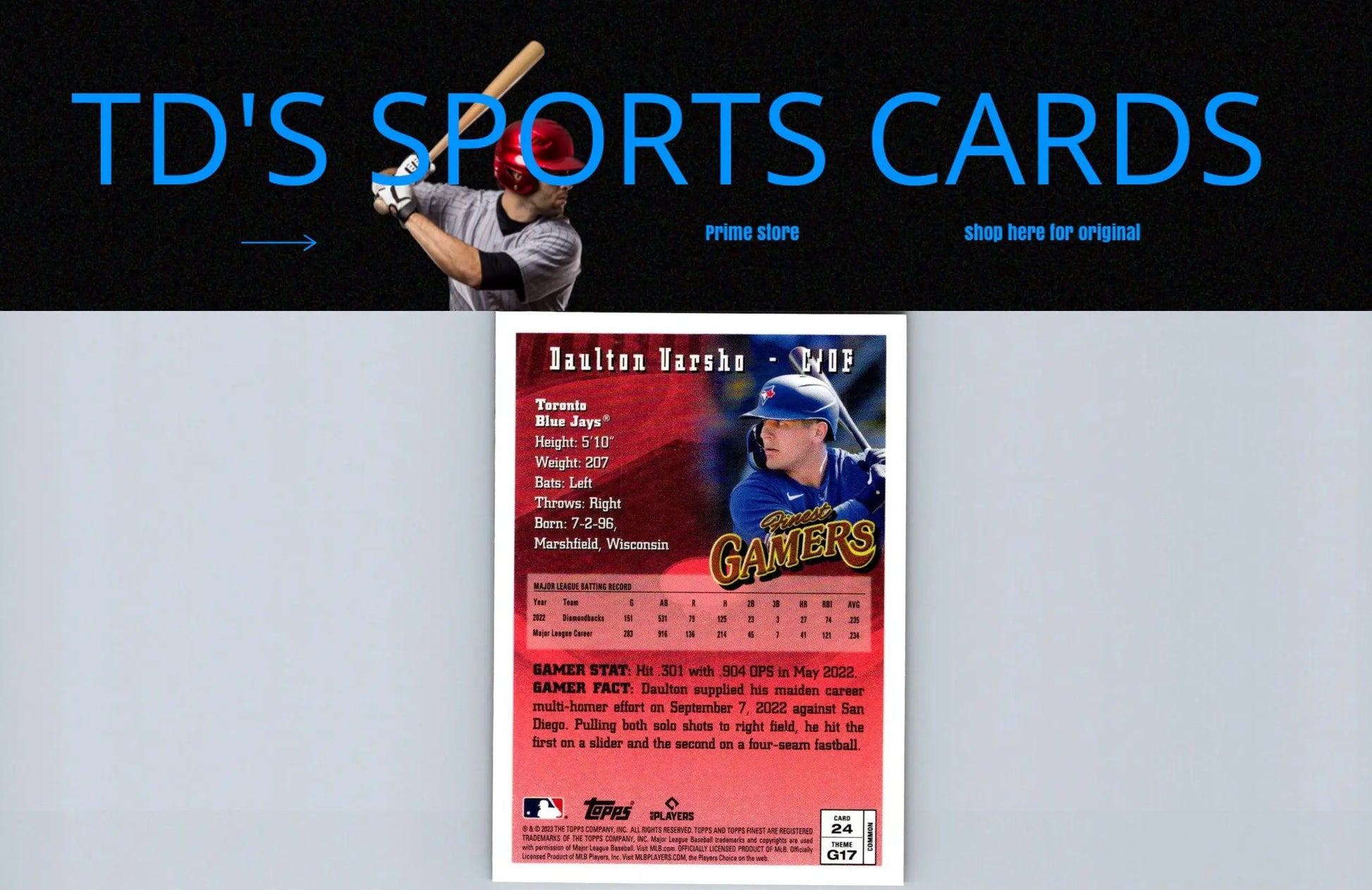 Daulton Varsho baseball card from 2023 Topps Finest Flashbacks collection