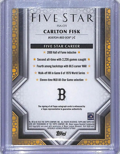 Boston Red Sox Baseball Card featuring Carlton Fisk’s achievements and signature