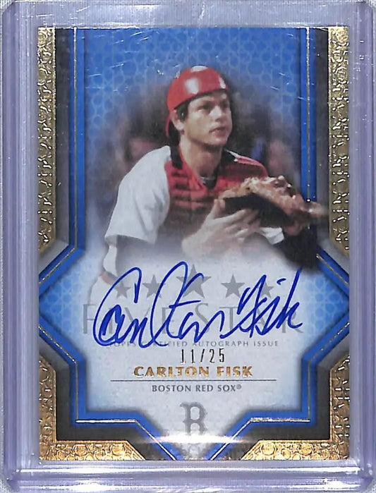 Signed Carlton Fisk Boston Red Sox baseball card in red helmet and chest protector