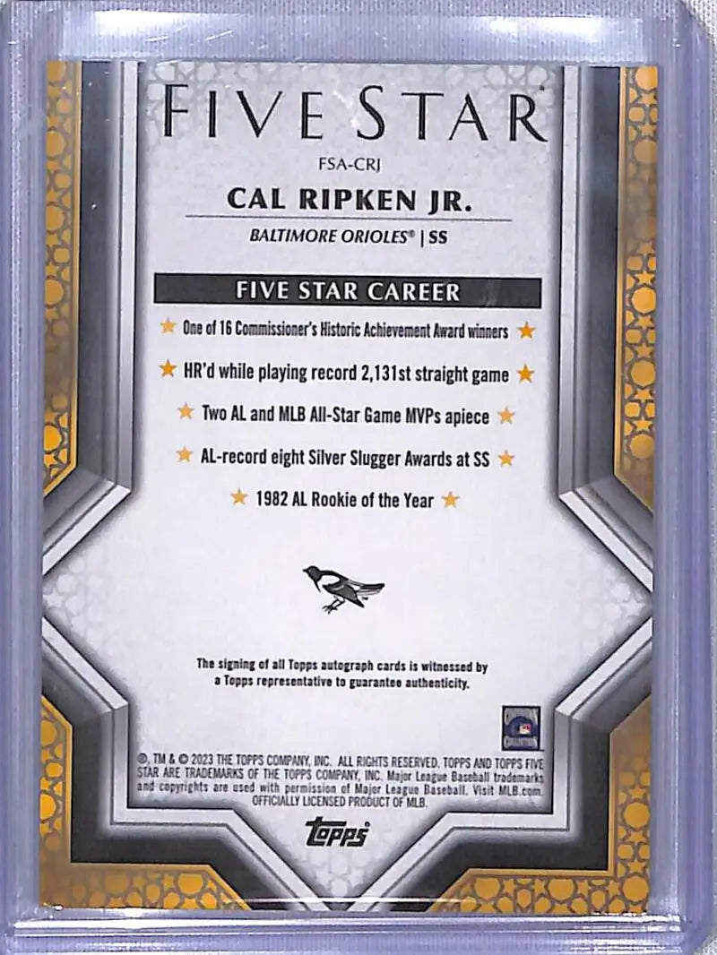 Baseball card of Cal Ripken Jr. displaying career achievements in Topps Five Star design