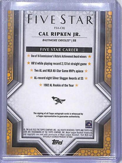 Baseball card of Cal Ripken Jr. displaying career achievements in Topps Five Star design