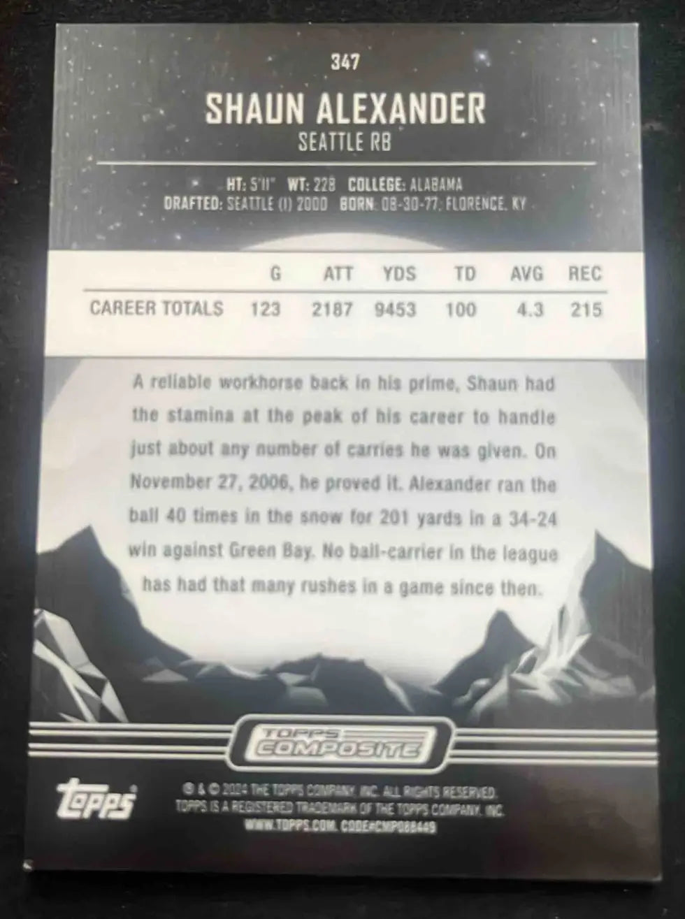 Football trading card for Shaun Alexander from 2023 Topps Football Composite series