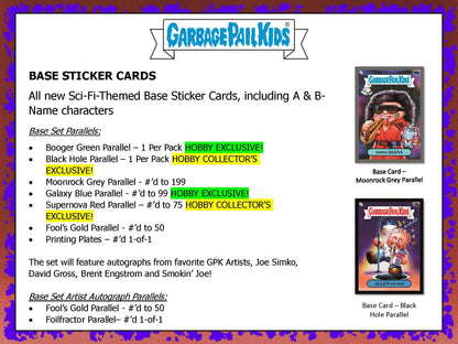 Information sheet of Garbage Pail Kids base sticker cards and variants in Hobby Collector Box