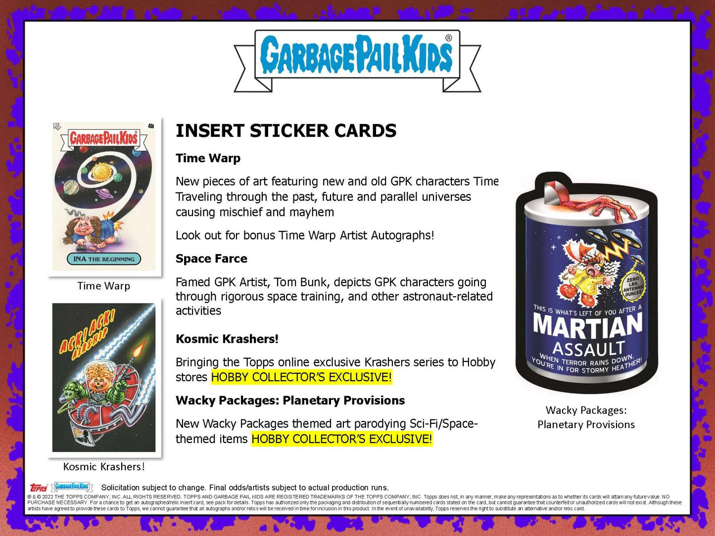 Advertisement for Garbage Pail Kids insert sticker cards from 2023 Topps series