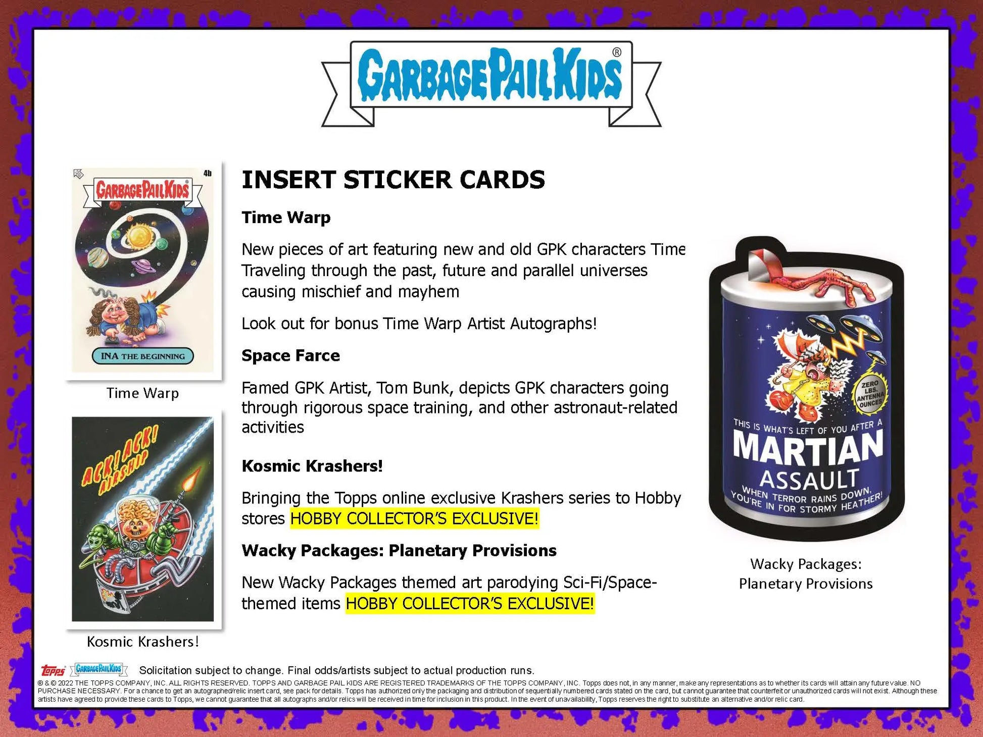 Advertisement for Garbage Pail Kids insert sticker cards from 2023 Topps series