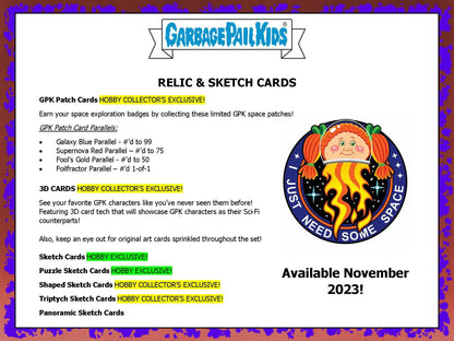 Advertisement for Garbage Pail Kids Relic & Sketch Cards in 2023 Topps product