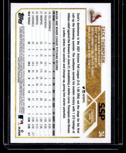 Back of 2023 Topps Golden Mirror Image Variation #34 Zack Thompson Baseball Card showing stats