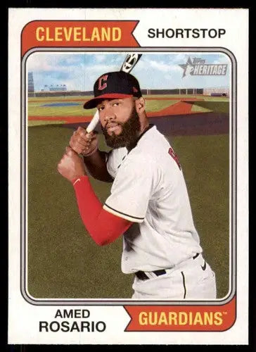 Original gloss 2023 Topps Heritage baseball card featuring Amed Rosario in batting stance