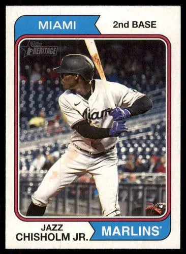 Original gloss 2023 Topps Heritage Jazz Chisholm Jr. baseball card at second base