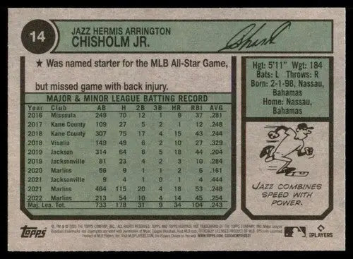 Back of 2023 Topps Heritage Jazz Chisholm baseball card with player stats and bio