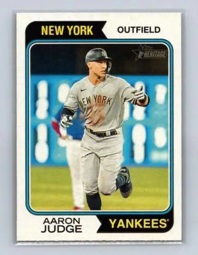 Baseball card of Aaron Judge in gray Yankees uniform, Topps Heritage original gloss