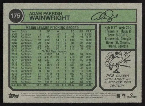 2023 Topps Heritage Adam Wainwright baseball card back with original gloss, near mint condition