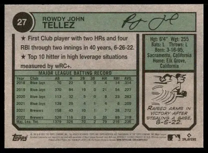 2023 Topps Heritage #27 Rowdy Tellez NM-MT Brewers ID:73358 - Trading Cards