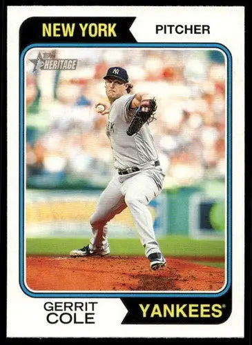 Baseball card featuring Gerrit Cole in action from 2023 Topps Heritage original gloss