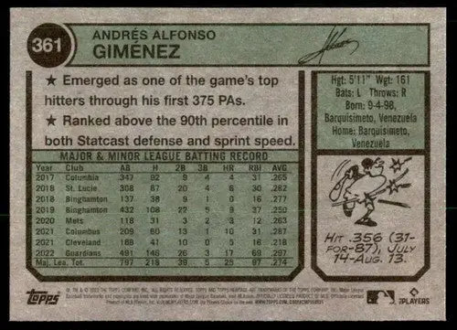 2023 Topps Heritage #361 Andres Gimenez NM-MT Guardians ID:73426 - Trading Cards