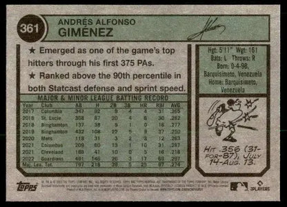 2023 Topps Heritage #361 Andres Gimenez NM-MT Guardians ID:73426 - Trading Cards