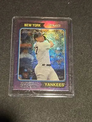 Giancarlo Stanton baseball card featuring 2023 Topps Heritage Stanton Chrome Purple Refractor