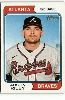 Austin Riley baseball card from 2023 Topps Heritage series showcasing collectible sports memorabilia