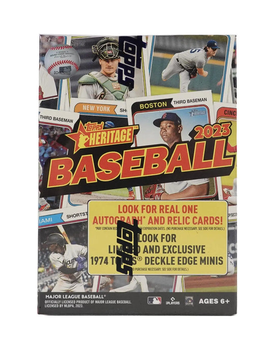 2023 Topps Heritage Baseball blaster box with relics and hand-numbered cards