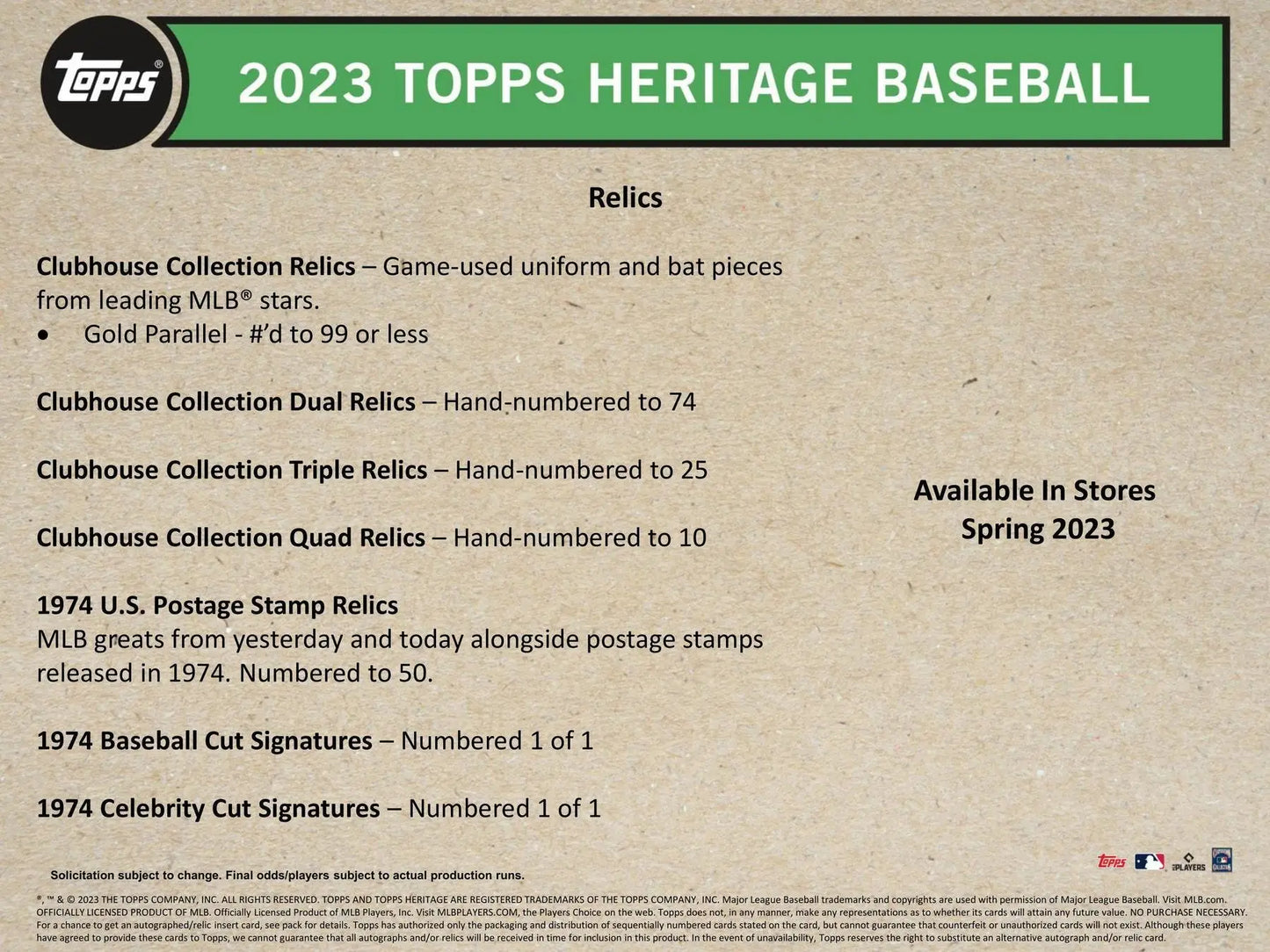 Promotional flyer for 2023 Topps Heritage Baseball trading cards in Heritage Baseball Blaster box