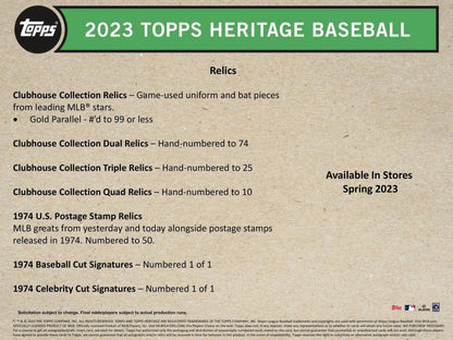 Promotional flyer for 2023 Topps Heritage Baseball trading cards in Heritage Baseball Blaster box