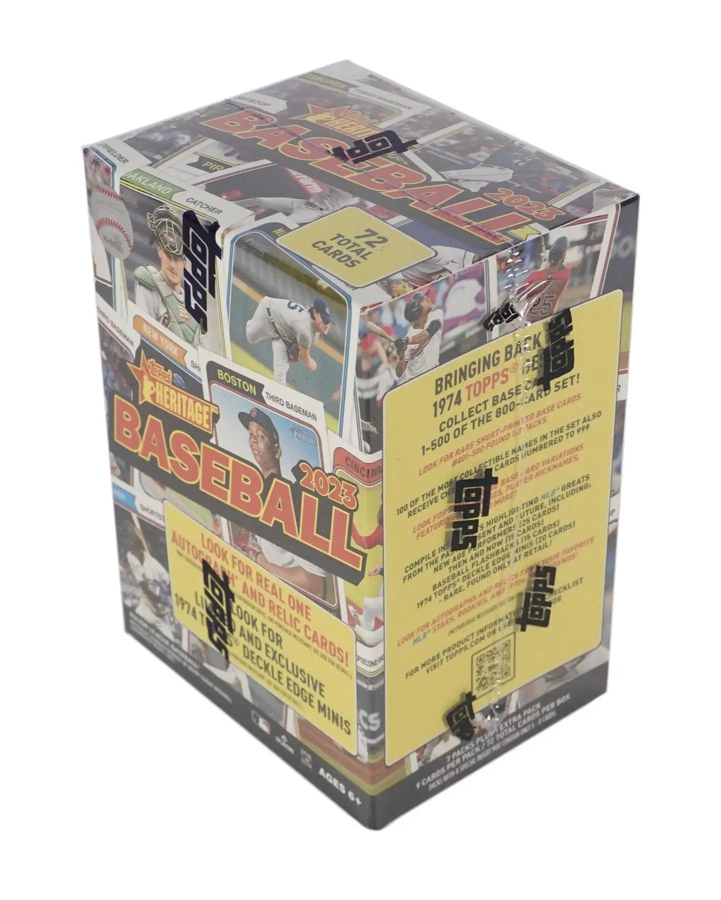 Sealed 2023 Topps Heritage Baseball Blaster Box with relics, one-of-one cards, and minis