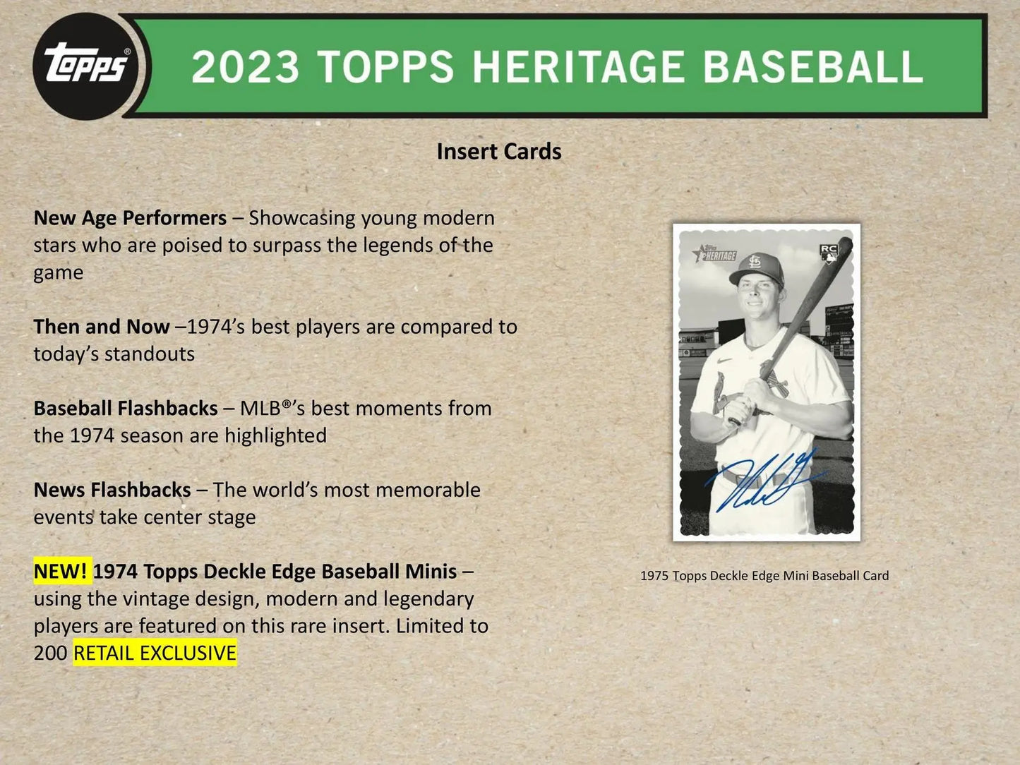 Product sheet for 2023 Topps Heritage Baseball trading cards in Heritage Baseball Blaster Box
