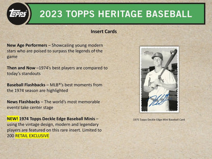 Product sheet for 2023 Topps Heritage Baseball trading cards in Heritage Baseball Blaster Box