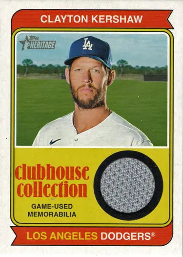 Baseball card featuring Clayton Kershaw game-used relic from 2023 Topps Heritage set