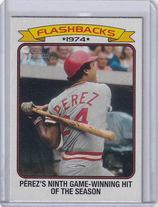 Baseball card of Tony Perez from 1974 celebrating his ninth game-winning hit