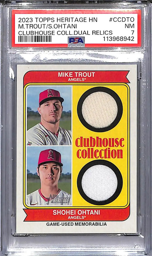 2023 Topps Heritage High Number Mike Trout Shohei Ohtani dual relic baseball card PSA 7