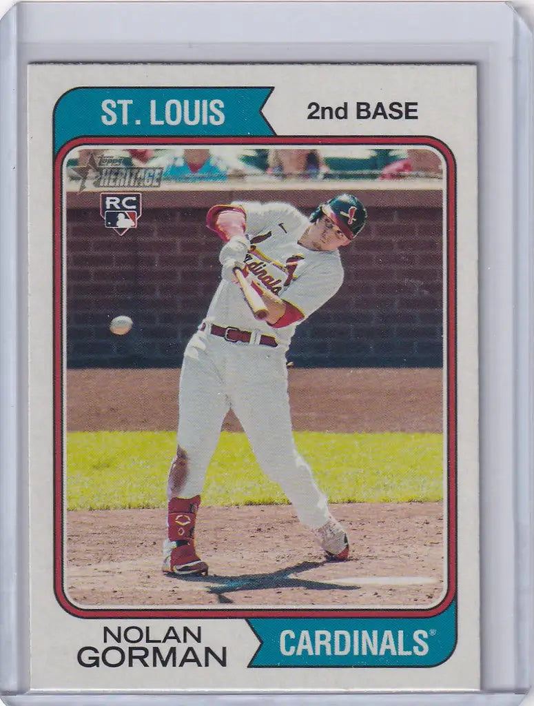 Baseball card of Nolan Gorman swinging bat for St. Louis Cardinals Topps Heritage коллекция