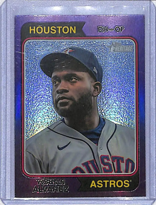 Chrome Topps Heritage Purple card of Yordan Alvarez in gray Astros uniform