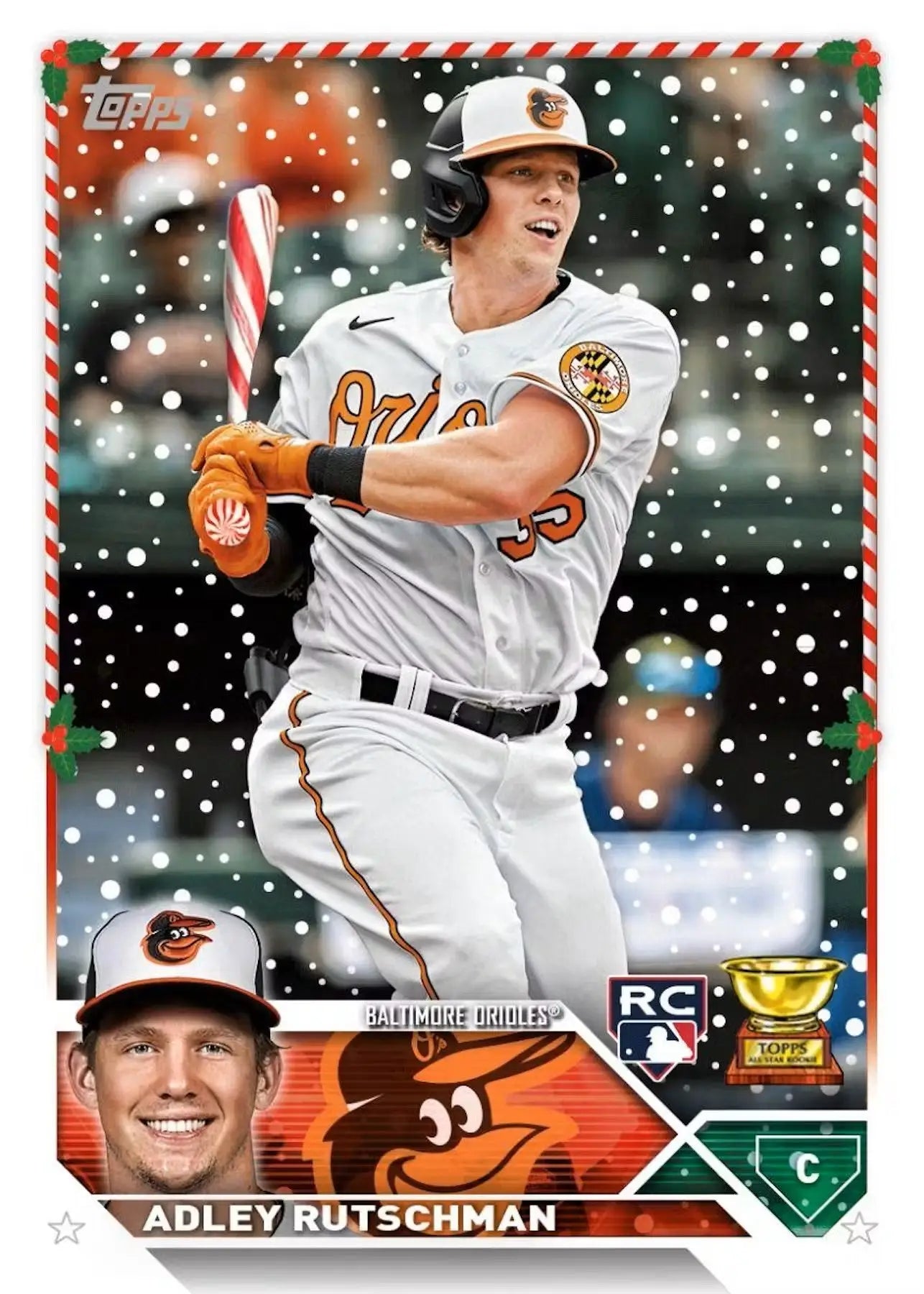 Baseball card of Orioles player in 2023 Topps Holiday Mega Box with snowy effect