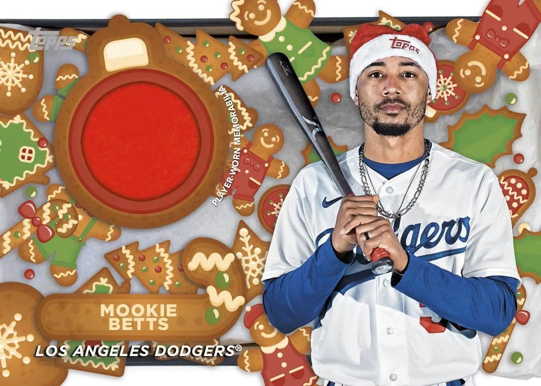 Baseball player in Dodgers uniform with bat in 2023 Topps Holiday Mega Box scene