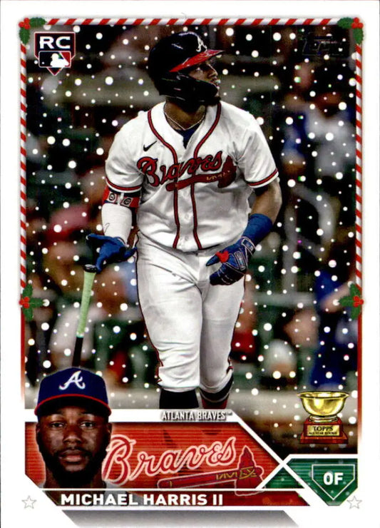 Baseball card of Michael Harris II in white Atlanta Braves uniform with snow effect, Topps Holiday