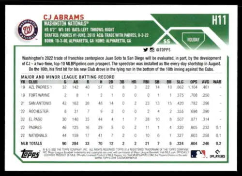 2023 Topps Holiday H11 CJ Abrams baseball card with MLB stats and original gloss finish