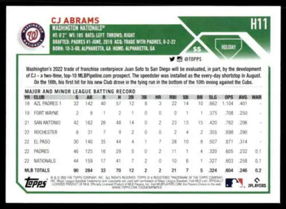 2023 Topps Holiday H11 CJ Abrams baseball card with MLB stats and original gloss finish