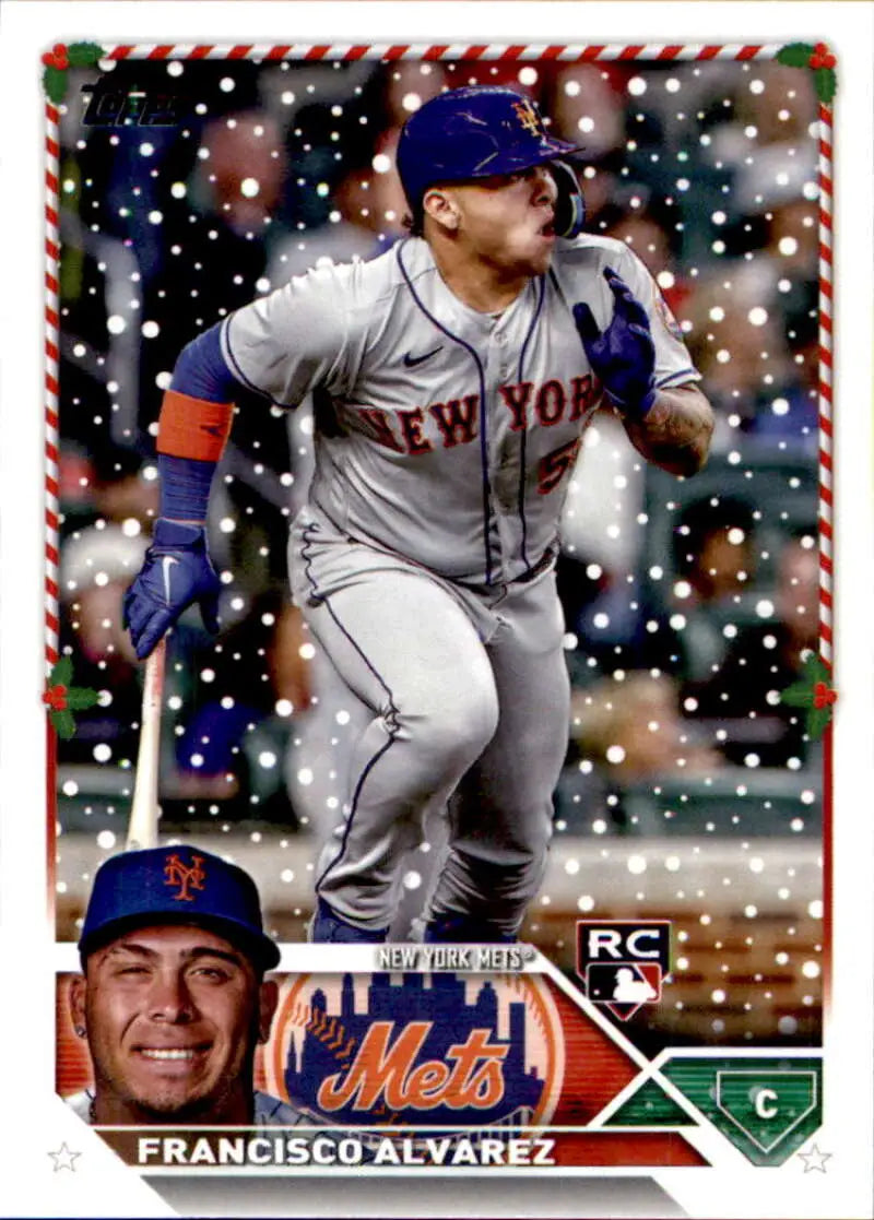 Baseball card of Francisco Alvarez in gray New York Mets uniform with blue accents
