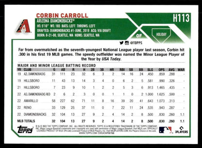 Baseball card featuring Corbin Carroll statistics for the Arizona Diamondbacks Topps Holiday
